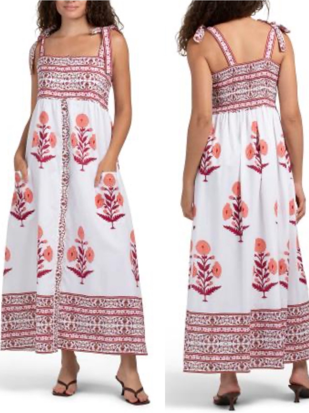 Bindu Hand Block Border Print Maxi Dress Flowers Smocked Back Button Front XL